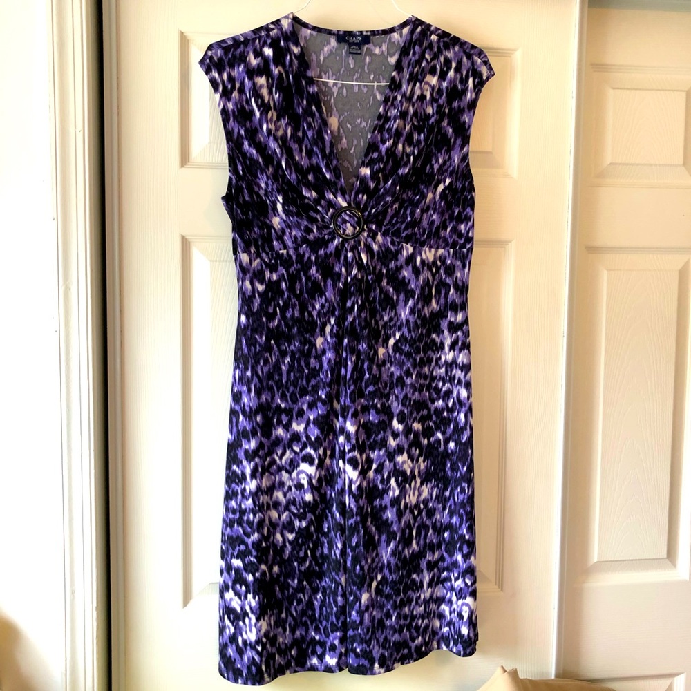 Chaps Purple Print Dress with V Neck